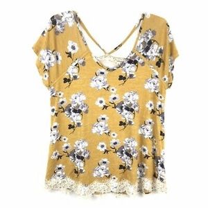 Rewind Mustard Floral Print Short Sleeve Lace Top